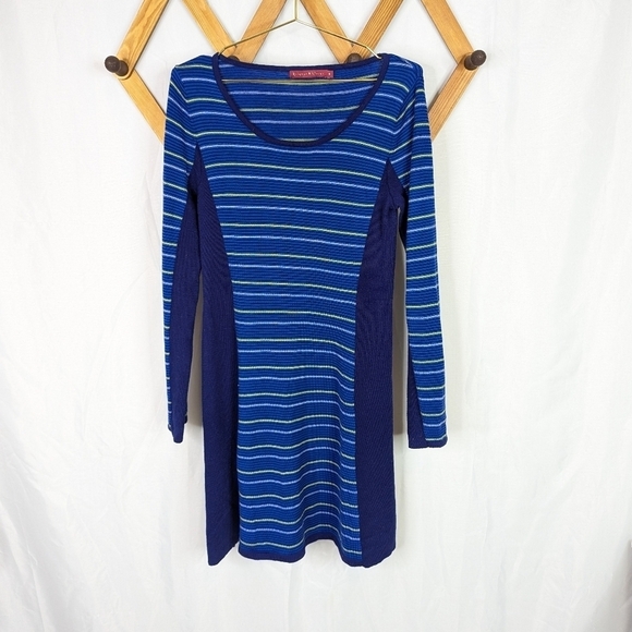 Krimson Klover 100% Wool Long Sleeve Striped Blue Sweater Dress - Picture 1 of 7